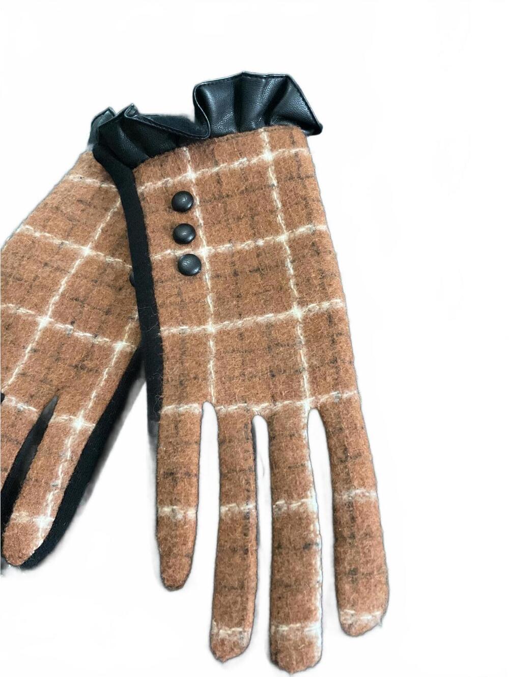 Cozy Brown Plaid Gloves with Black Trim and Button Detail